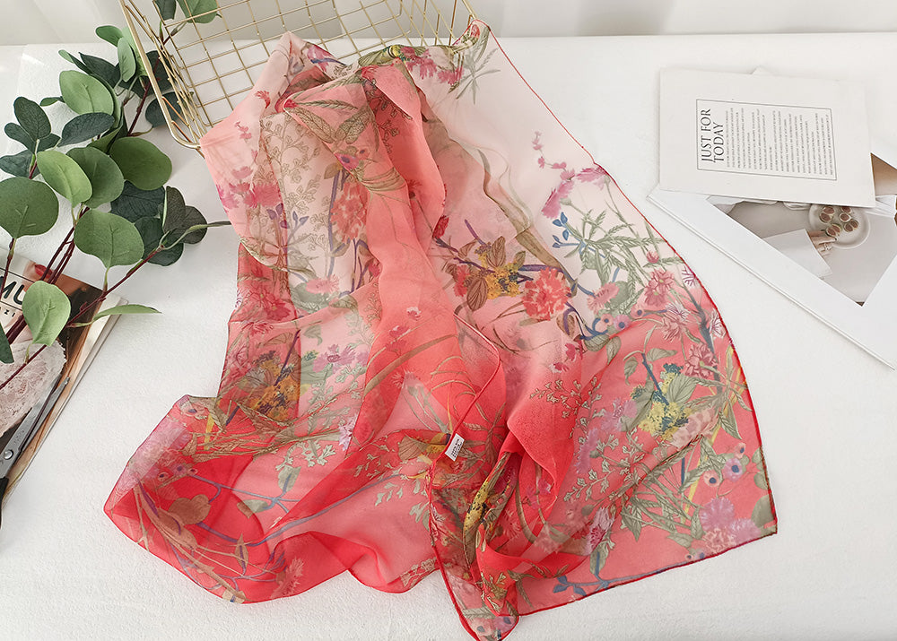 Floral Silk Feel Chiffon Scarf Pink Red Botanical Print Wrap 20 x 63 Inches