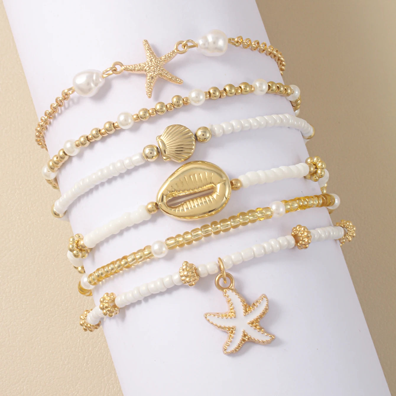 Boho Starfish Shell Beaded Bracelet Set Multi-Layer Beach Jewelry for Women