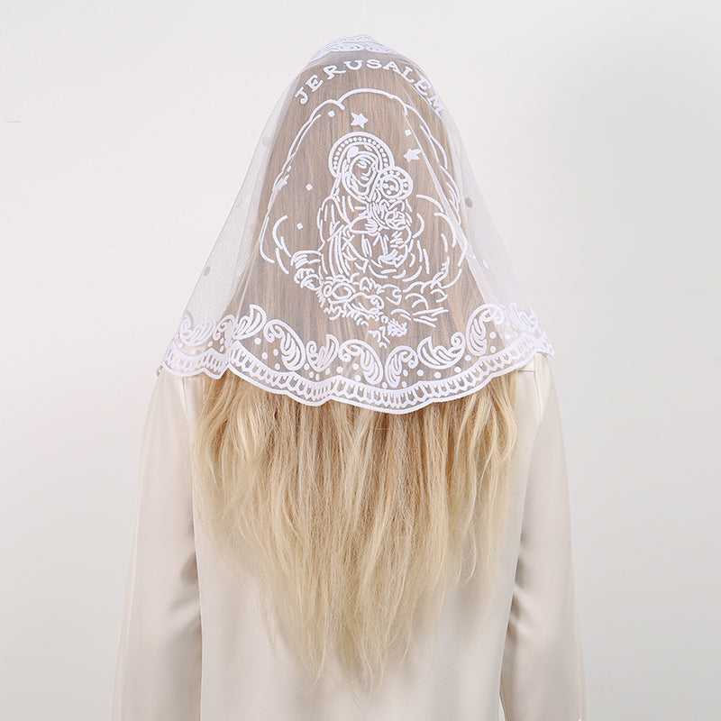 White Lace Chapel Veil Embroidered Religious Scarf