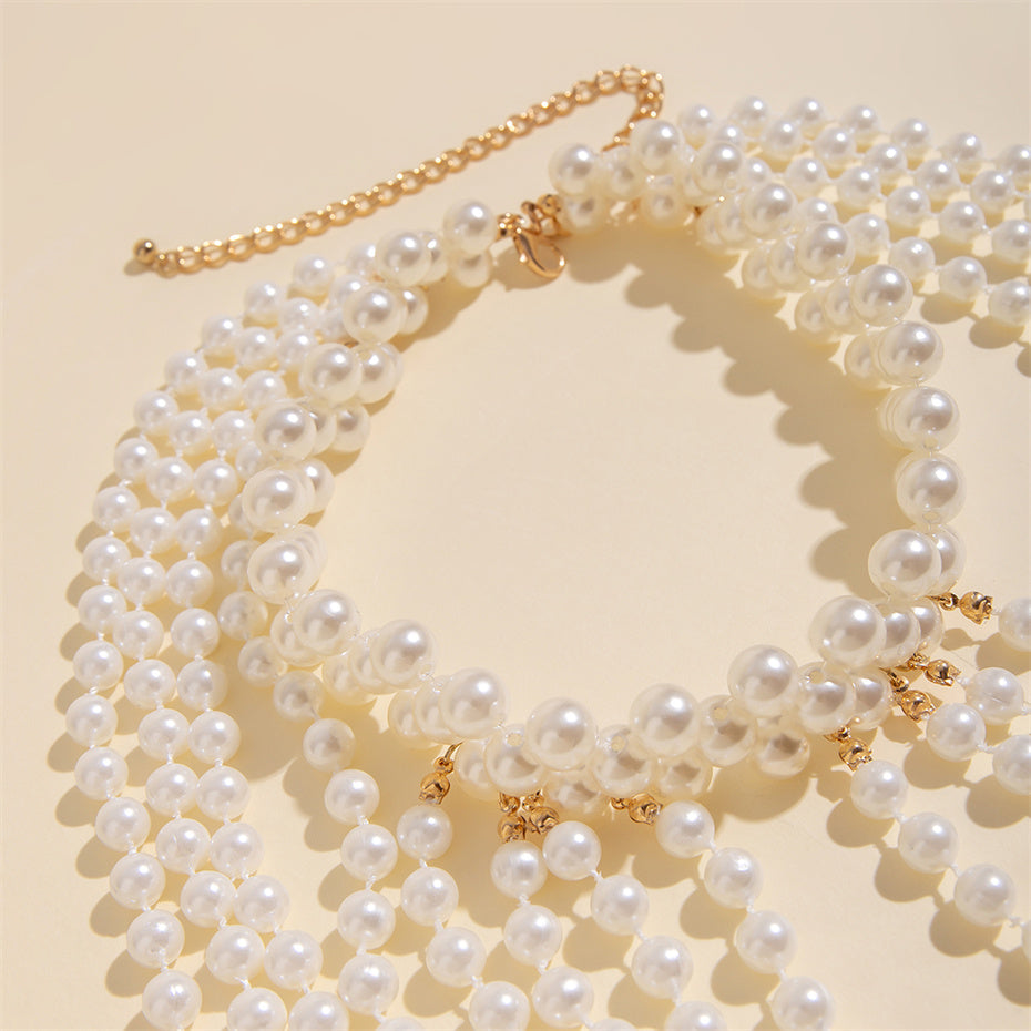 White Faux Pearl Body Chain Multilayer Shoulder Necklace Jewelry Set