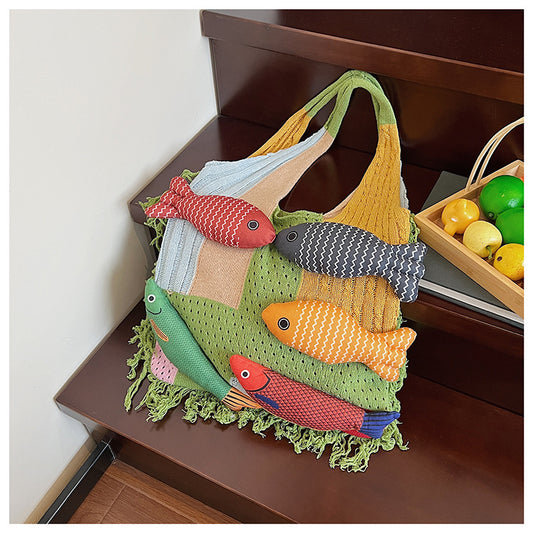 Hand-Knit Patchwork Fish Tote Bag | 14" x 13" Boho Shoulder Bag