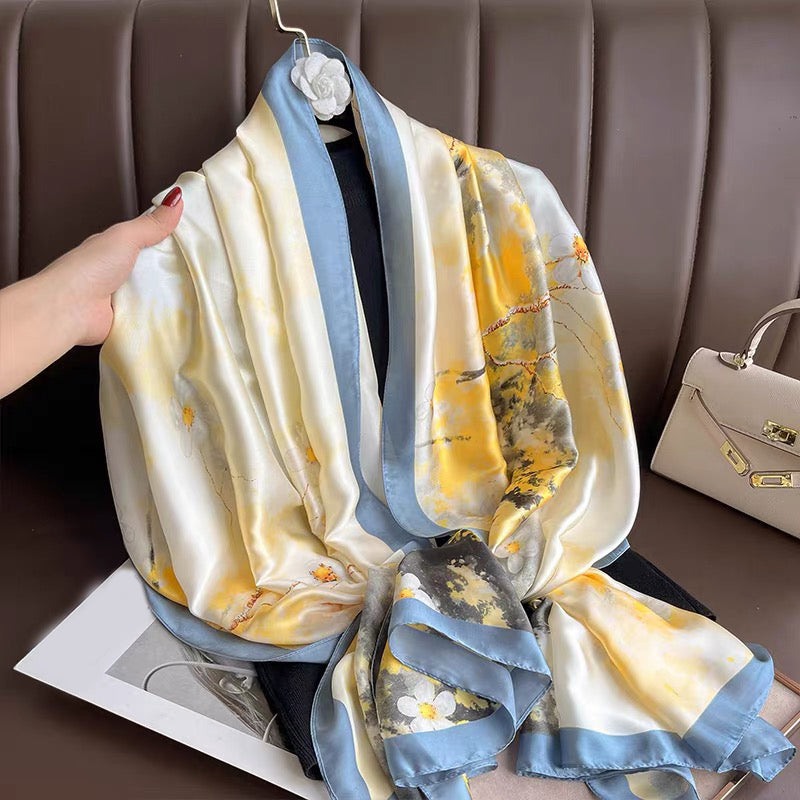 Silk Feel Floral Scarf Yellow Blue Large Shawl Wrap 180cm x 90cm