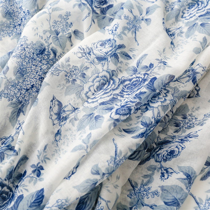 Blue Floral Tassel Scarf Premium Lightweight Wrap