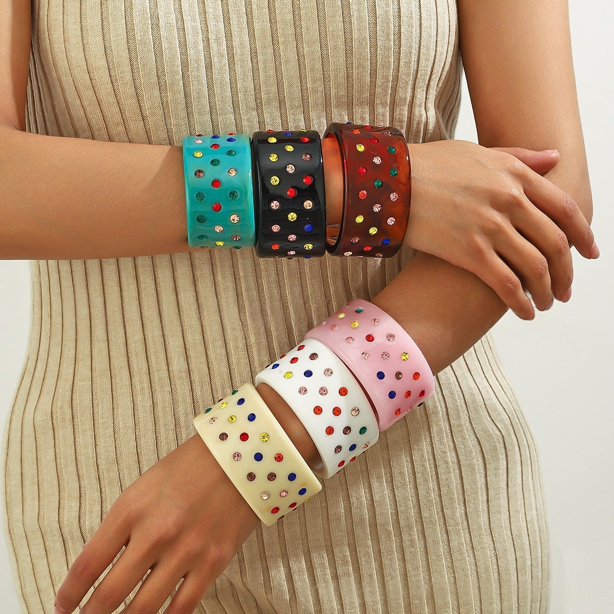 Crystal Inlaid Resin Cuff Bracelet Wide Bangle Summer Accessory