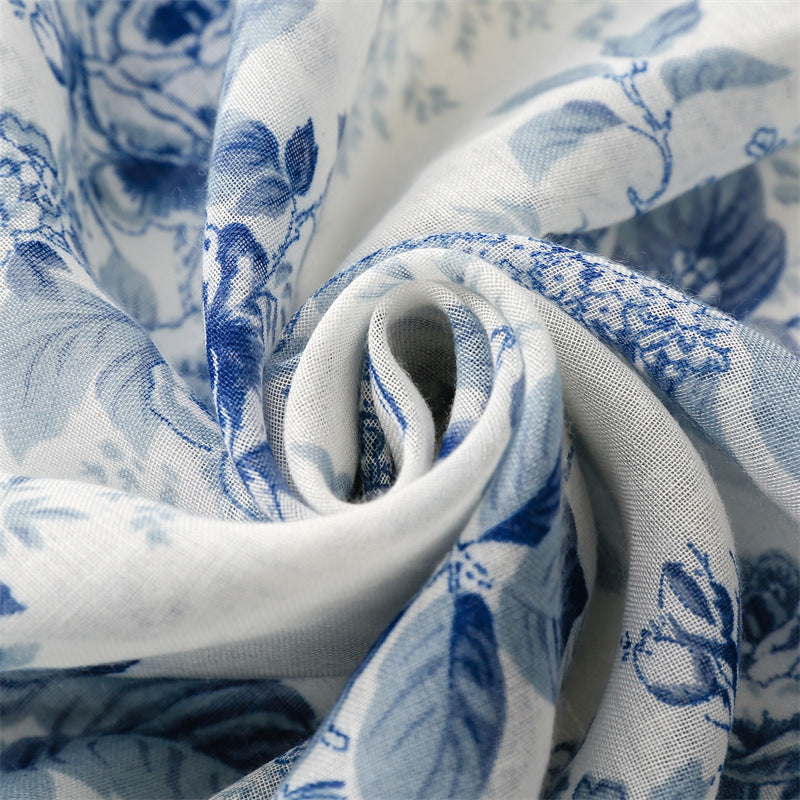 Blue Floral Tassel Scarf Premium Lightweight Wrap