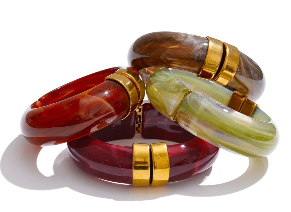 Acrylic Gold Plated Hinge Bangle Bracelet Marbled Earth Tone Fashion Jewelry