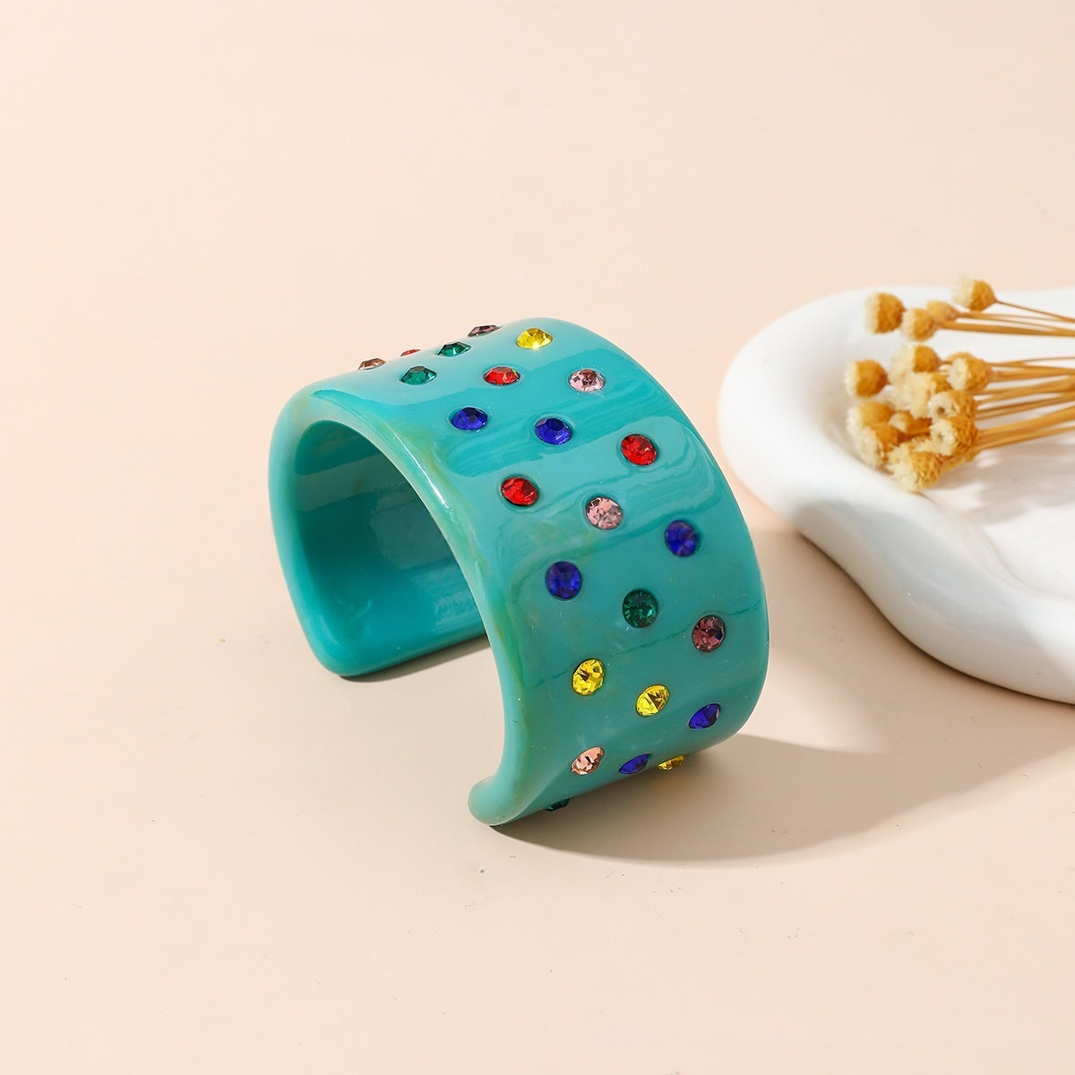 Crystal Inlaid Resin Cuff Bracelet Wide Bangle Summer Accessory