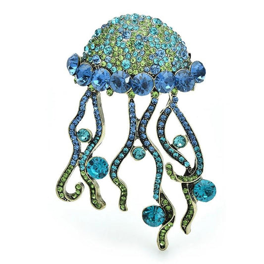 2pcs Sparkling Crystal Jellyfish Brooch Set Blue Amber Rhinestone Marine Pins