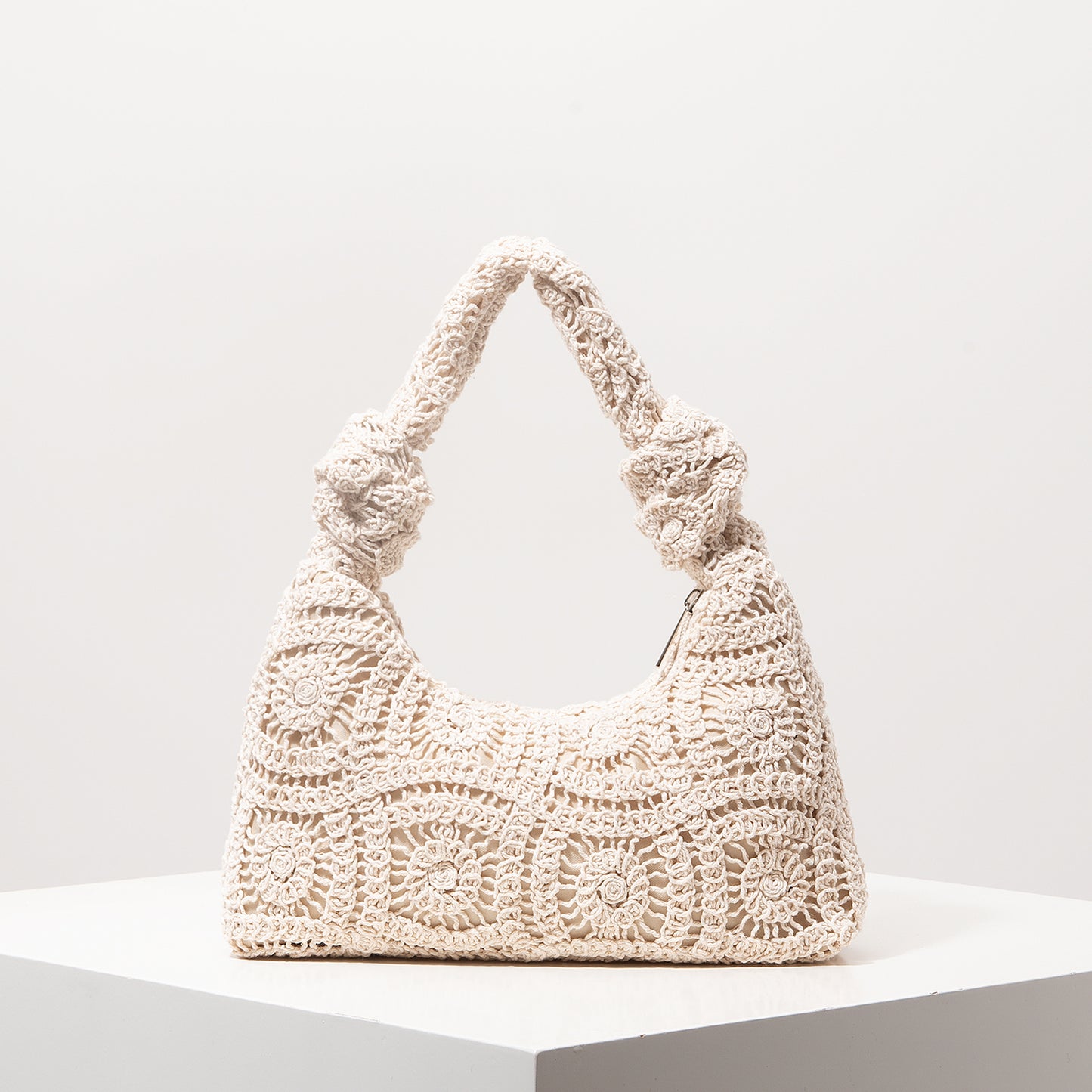 Crochet Knot Hobo Bag Cream Boho Knit Slouchy Shoulder Purse Summer Beach Tote