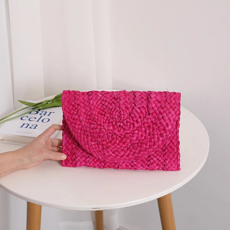 Women Woven Straw Envelope Clutch Bag Summer Beach Crossbody