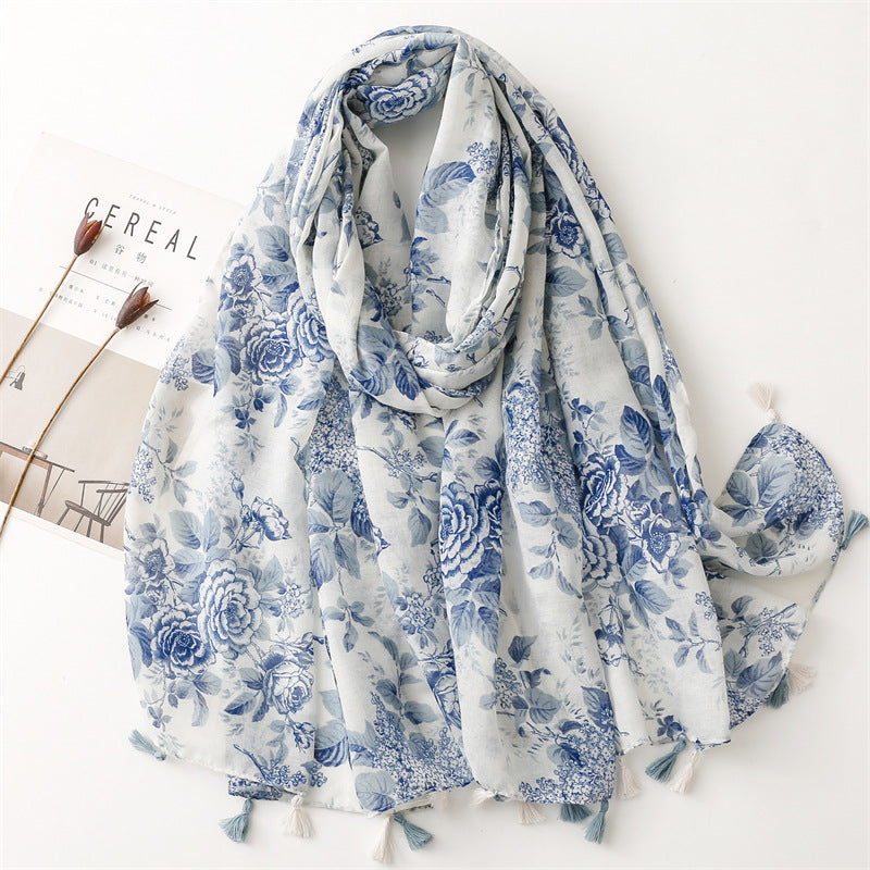Blue Floral Tassel Scarf Premium Lightweight Wrap