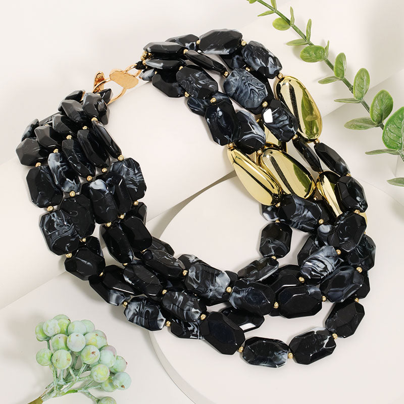 Statement Multi-Strand Resin Bead Necklace Set Gold Toned Dangle