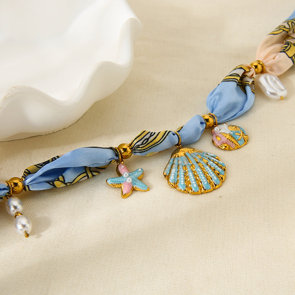 Seashell Charm Silk Scarf Necklace Coastal Shell Starfish Pearl Statement Jewelry