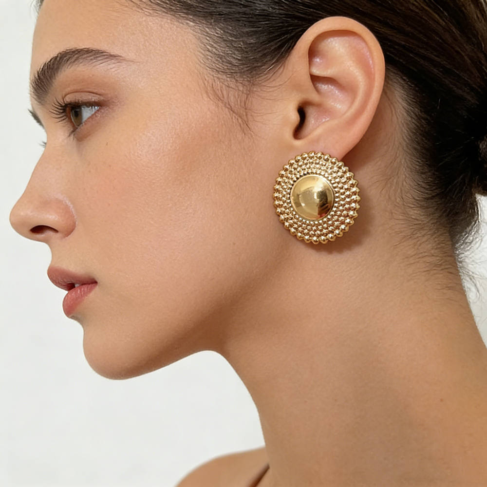 Gold Tone Textured Disc Statement Earrings for Women