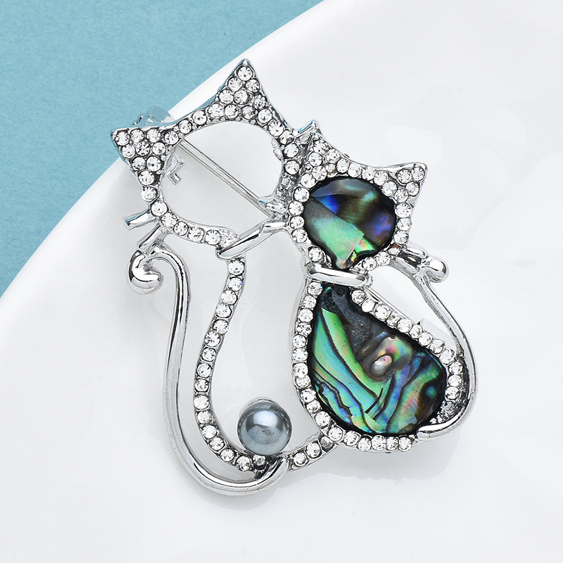 Double Cat Brooch Pin Rhinestone Abalone Shell Faux Pearl Silver Tone