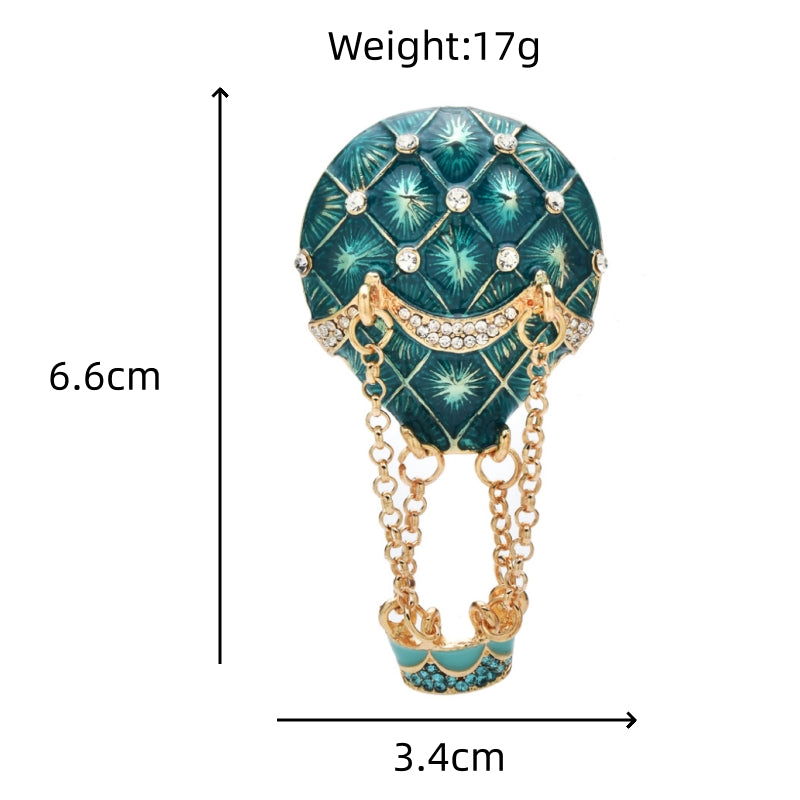 Hot Air Balloon Brooch Rhinestone Teal Enamel Pin Travel Accessory