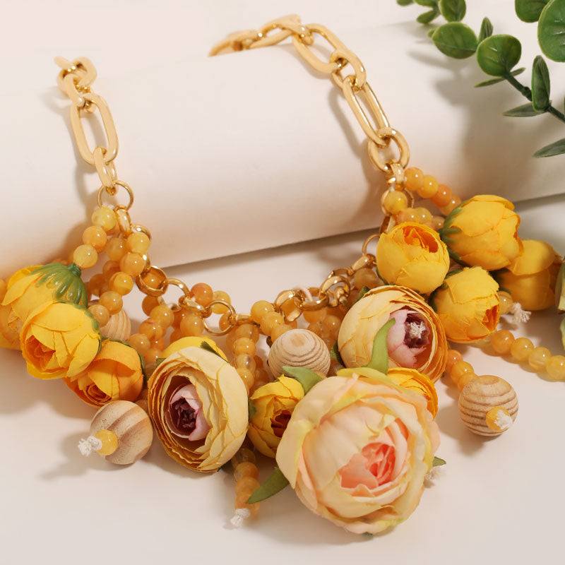 Rose Flower Statement Necklace Floral Chunky Gold Chain Jewelry