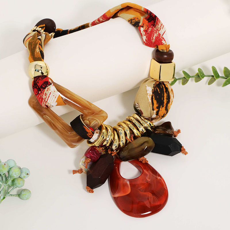 Fabric & Resin Statement Necklace Boho Artisan Chunky Pendant Jewelry for Women