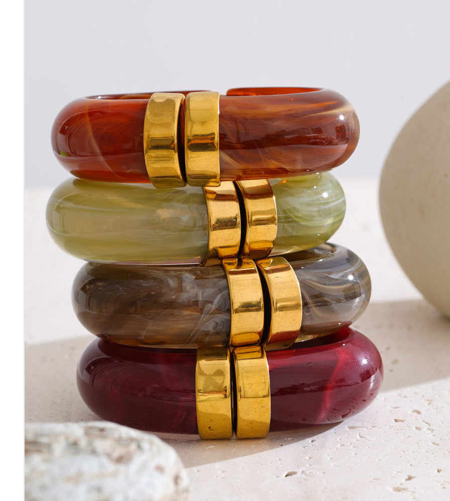 Acrylic Gold Plated Hinge Bangle Bracelet Marbled Earth Tone Fashion Jewelry