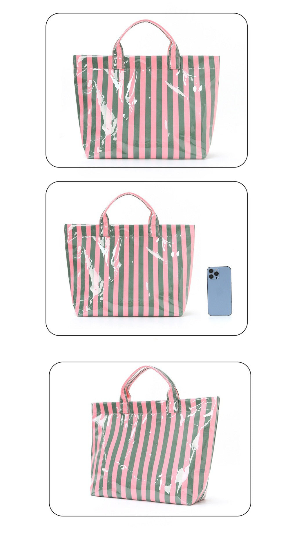 Pink and Green Striped Tote Bag Glossy Waterproof Travel Beach Shoulder Bag