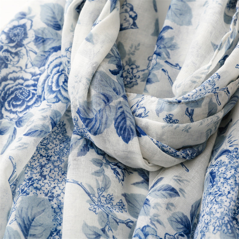 Blue Floral Tassel Scarf Premium Lightweight Wrap
