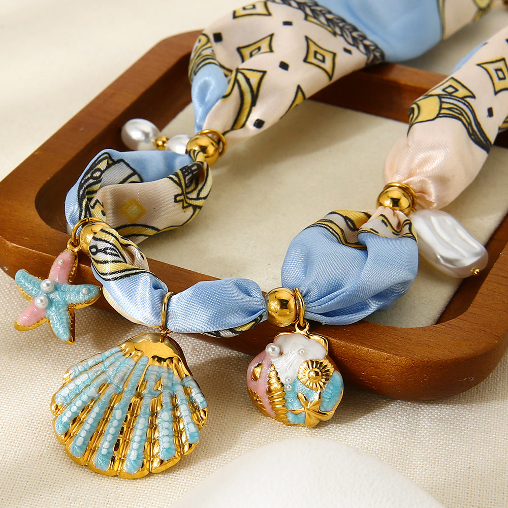 Seashell Charm Silk Scarf Necklace Coastal Shell Starfish Pearl Statement Jewelry