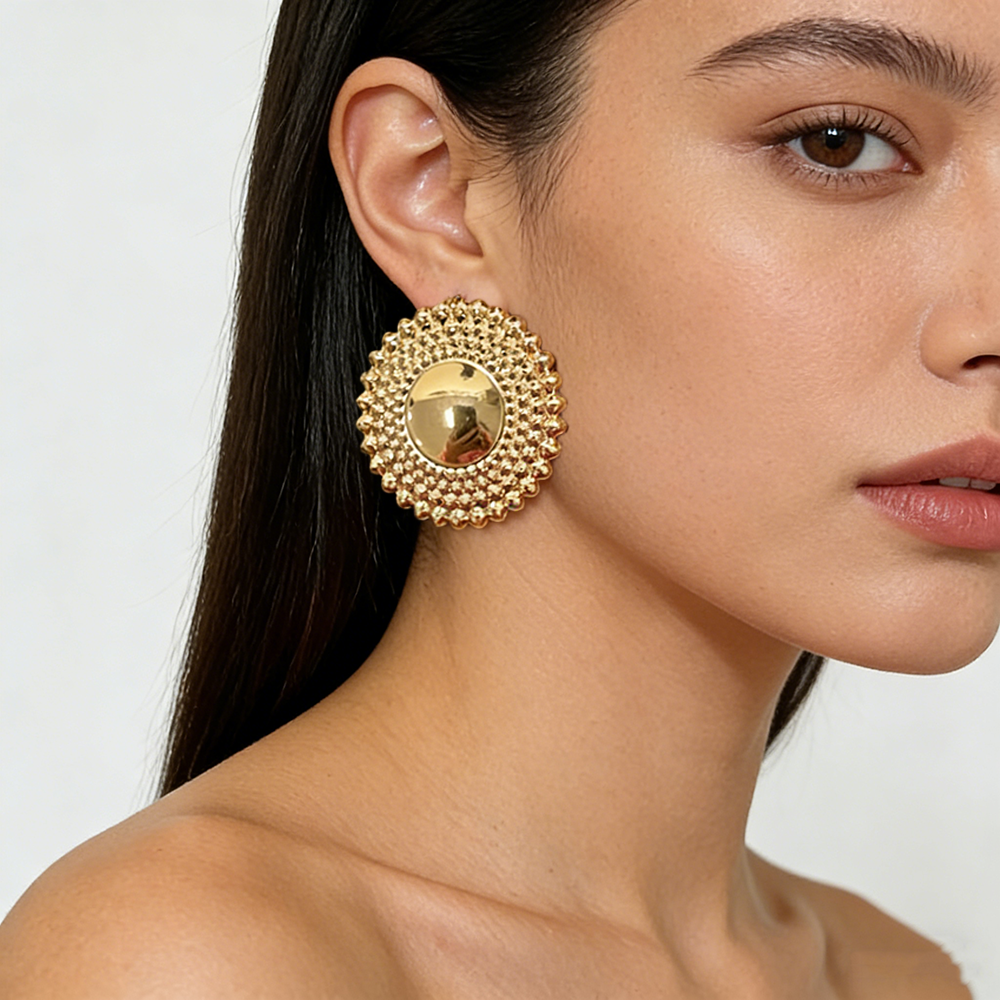Gold Tone Textured Disc Statement Earrings for Women