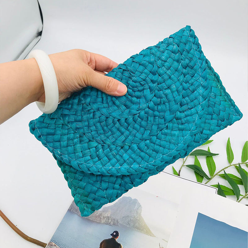 Women Woven Straw Envelope Clutch Bag Summer Beach Crossbody