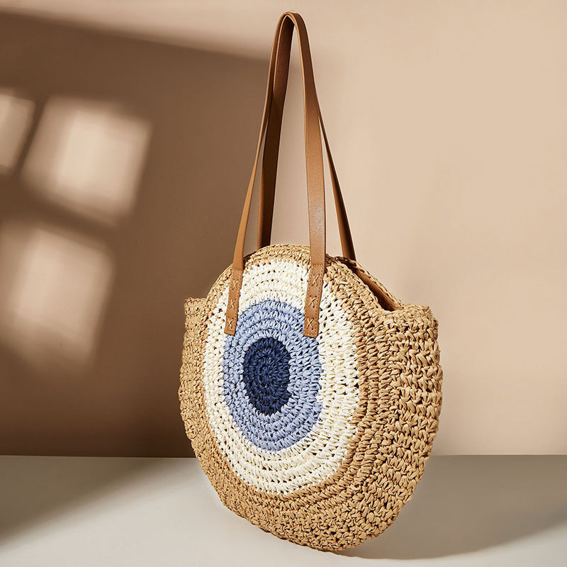 Round Woven Straw Shoulder Bag Bohemian Tote Beach Purse Summer Travel Handbag