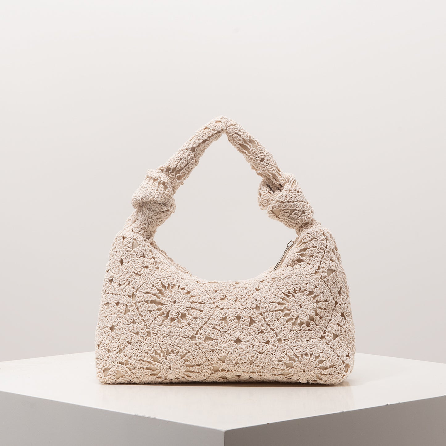Crochet Knot Hobo Bag Cream Boho Knit Slouchy Shoulder Purse Summer Beach Tote