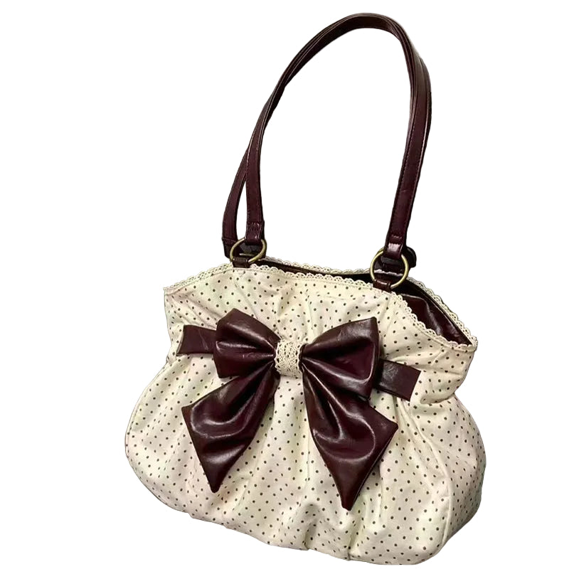 Polka Dot Bow Shoulder Bag Coquette Aesthetic Lace Trim Ruched Tote