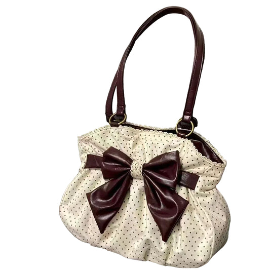 Polka Dot Bow Shoulder Bag Coquette Aesthetic Lace Trim Ruched Tote