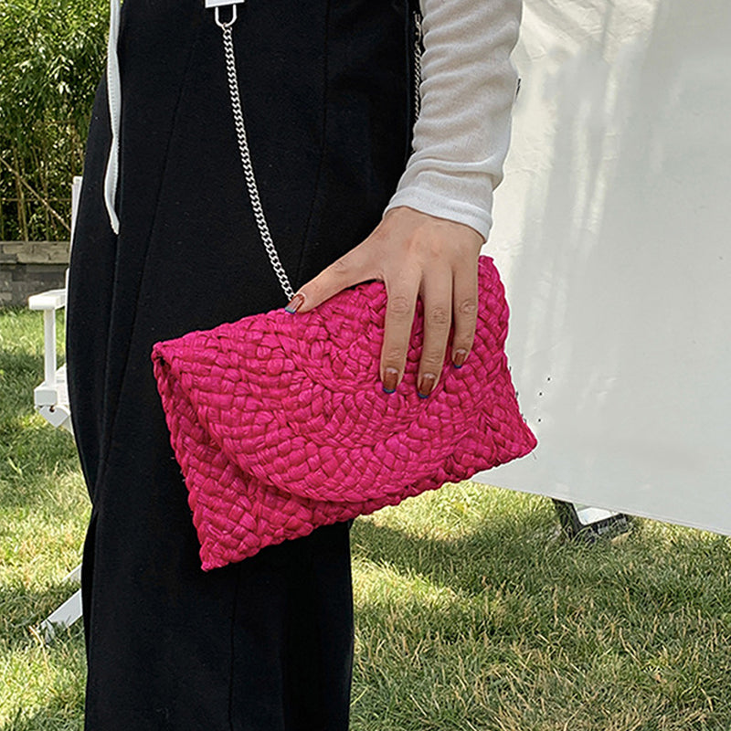 Women Woven Straw Envelope Clutch Bag Summer Beach Crossbody