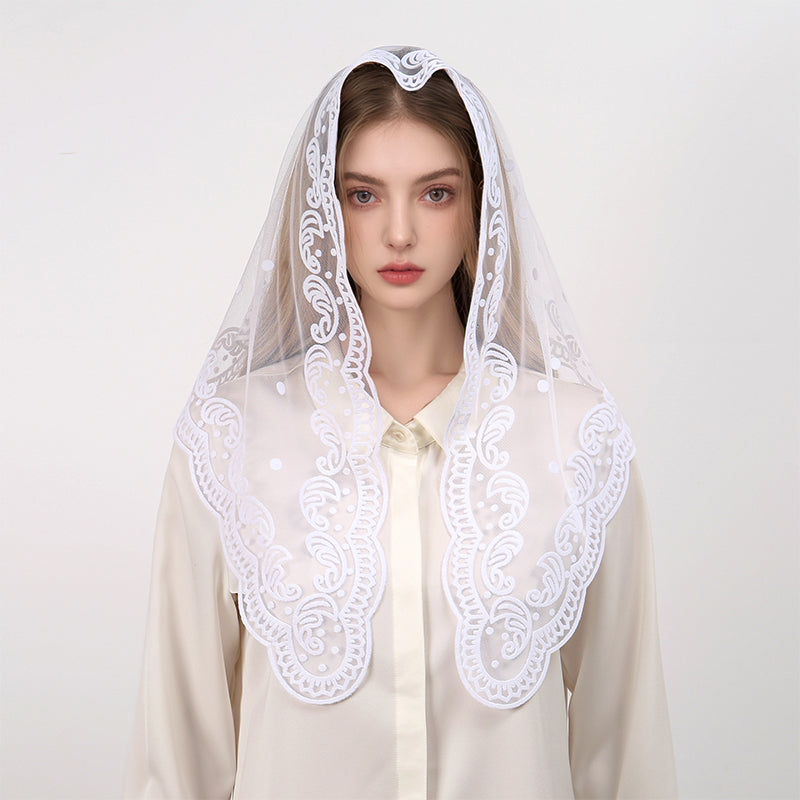 White Lace Chapel Veil Embroidered Religious Scarf