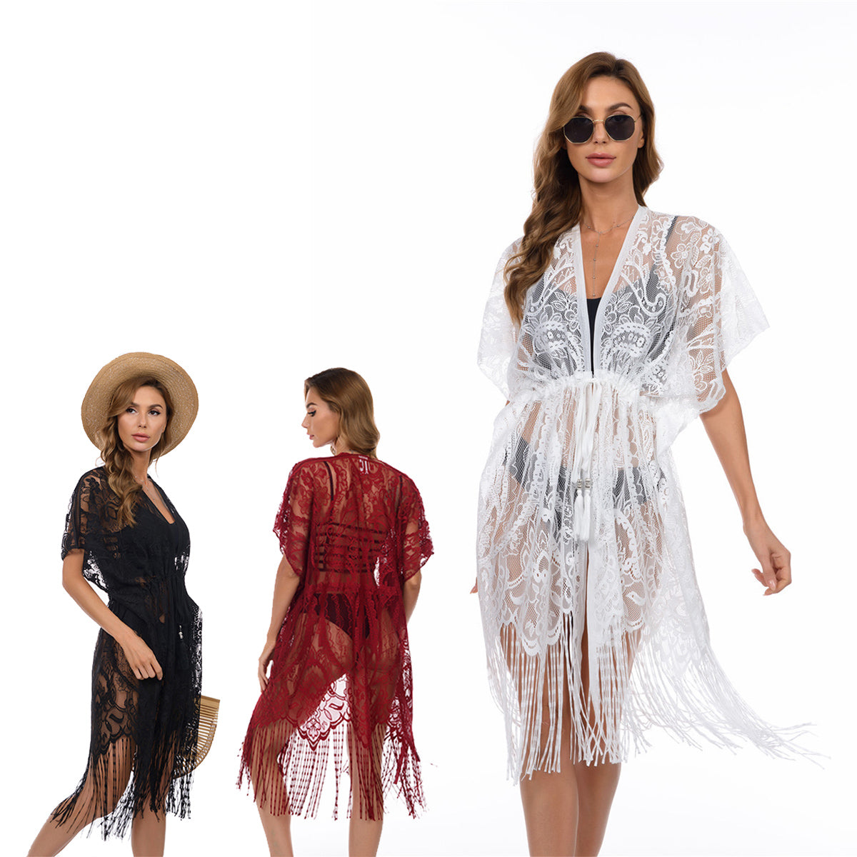 Women Floral Lace Swimsuit Cover Up Set Tassel Hem Beach Kimono Cardigan
