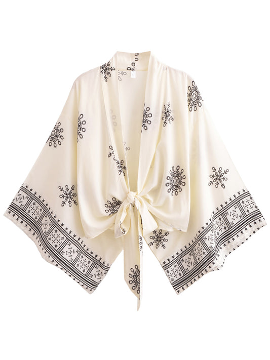 Boho Tie Front Kimono Cardigan Paisley Floral Lightweight Summer Cover Up