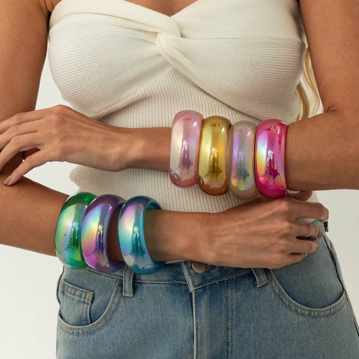 Iridescent Resin Bangle Bracelet Colorful Aurora Chunky Acrylic Jewelry