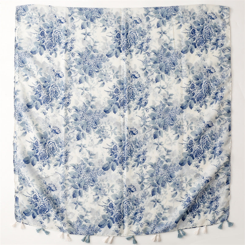 Blue Floral Tassel Scarf Premium Lightweight Wrap