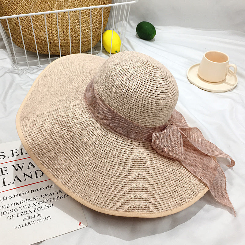 Wide Brim Straw Sun Hat with Chiffon Bow Floppy Beach Cap for Women