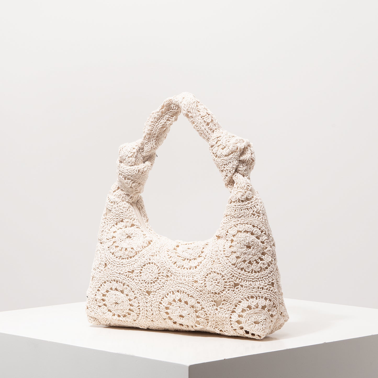 Crochet Knot Hobo Bag Cream Boho Knit Slouchy Shoulder Purse Summer Beach Tote