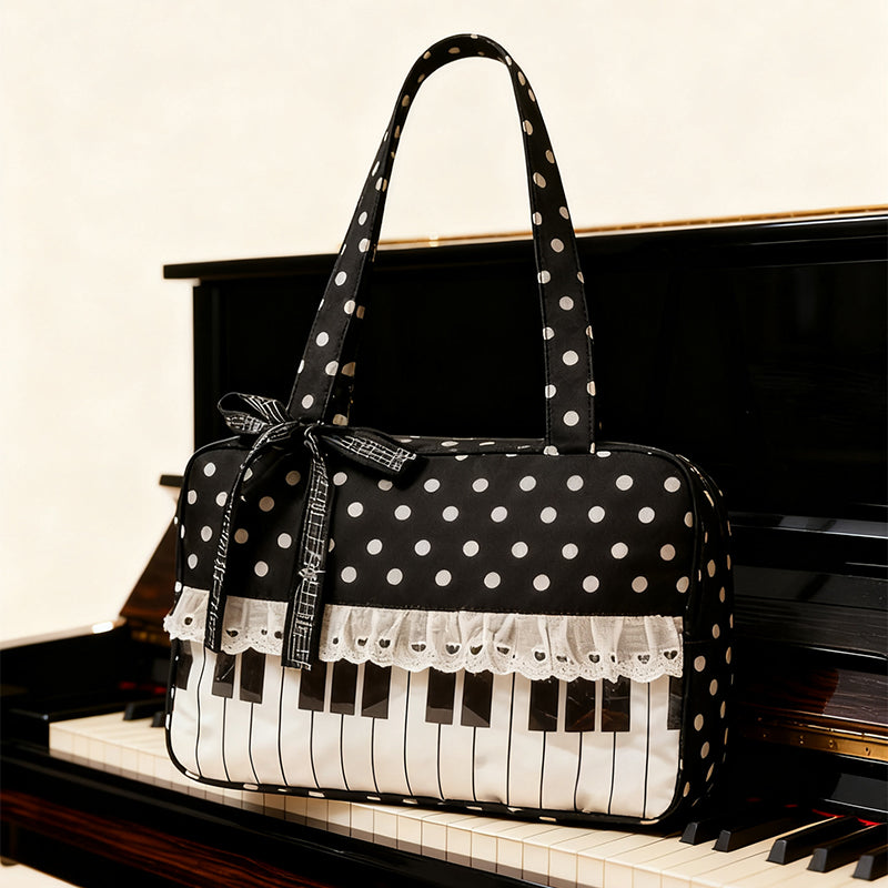 Piano Keyboard Polka Dot Tote Bag Musical Note Ribbon Bow Shoulder Handbag