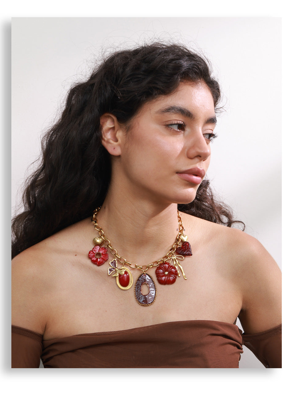 Gold Tone Chunky Chain Necklace with Red Resin Flower and Heart Charms