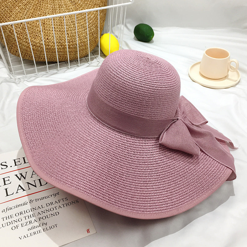 Wide Brim Straw Sun Hat with Chiffon Bow Floppy Beach Cap for Women