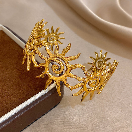 Gold Tone Sun Cuff Bracelet Celestial Boho Open Adjustable Statement Jewelry