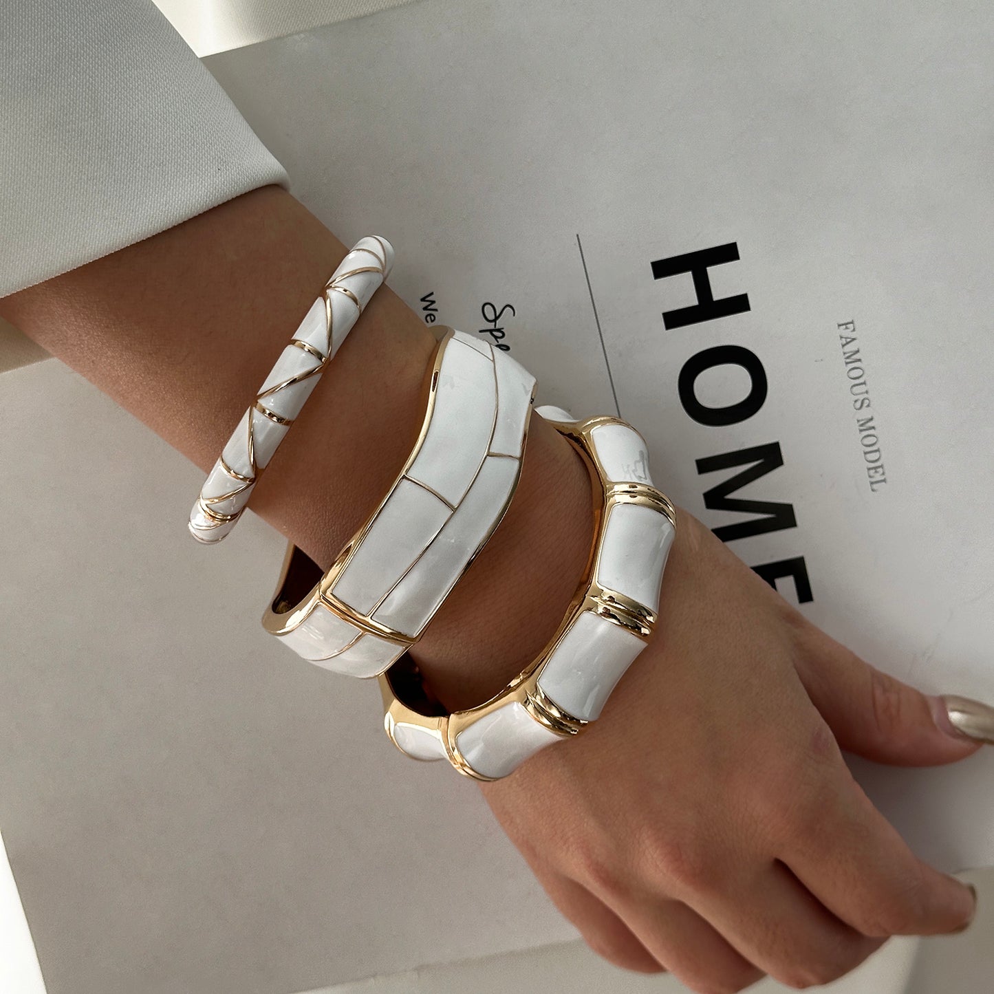 Cream Enamel Gold Tone Bangle Minimalist Stackable Bracelet