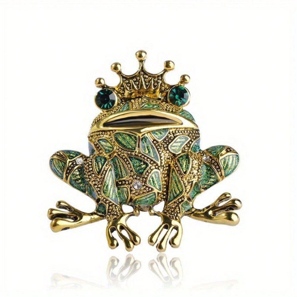 Frog Prince Brooch Gold Tone Green Enamel Rhinestone Crown Animal Pin Jewelry