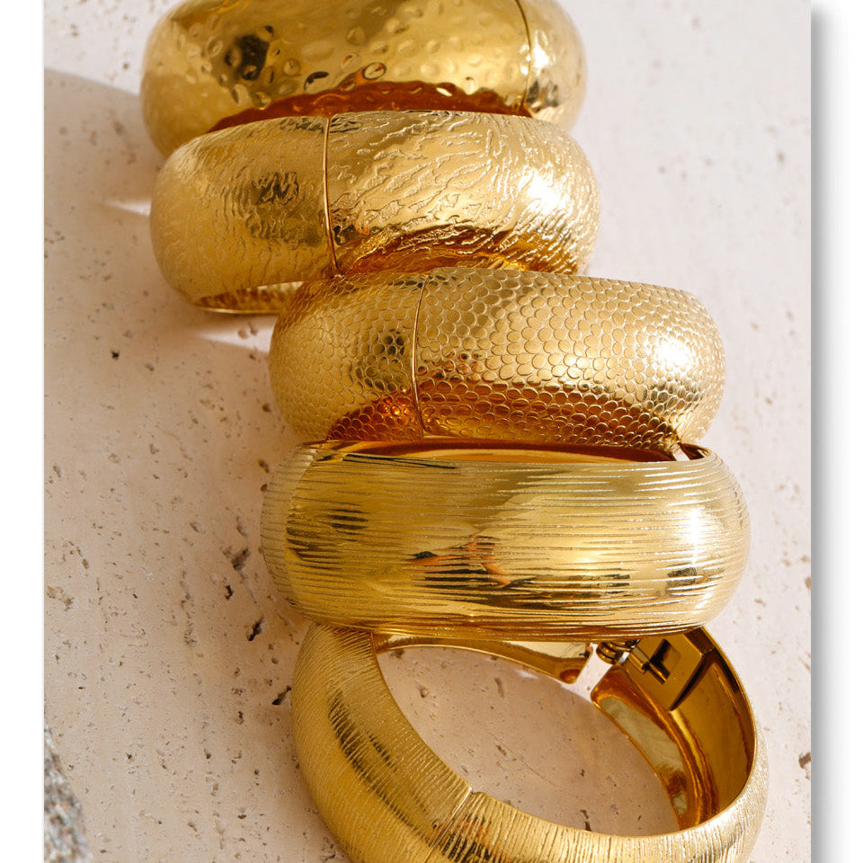 Textured Gold Tone Hinged Bangle Bracelet Minimalist Boho Stackable Jewelry