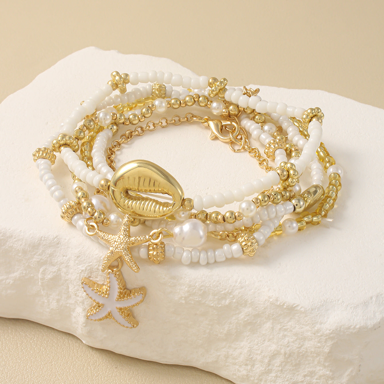 Boho Starfish Shell Beaded Bracelet Set Multi-Layer Beach Jewelry for Women