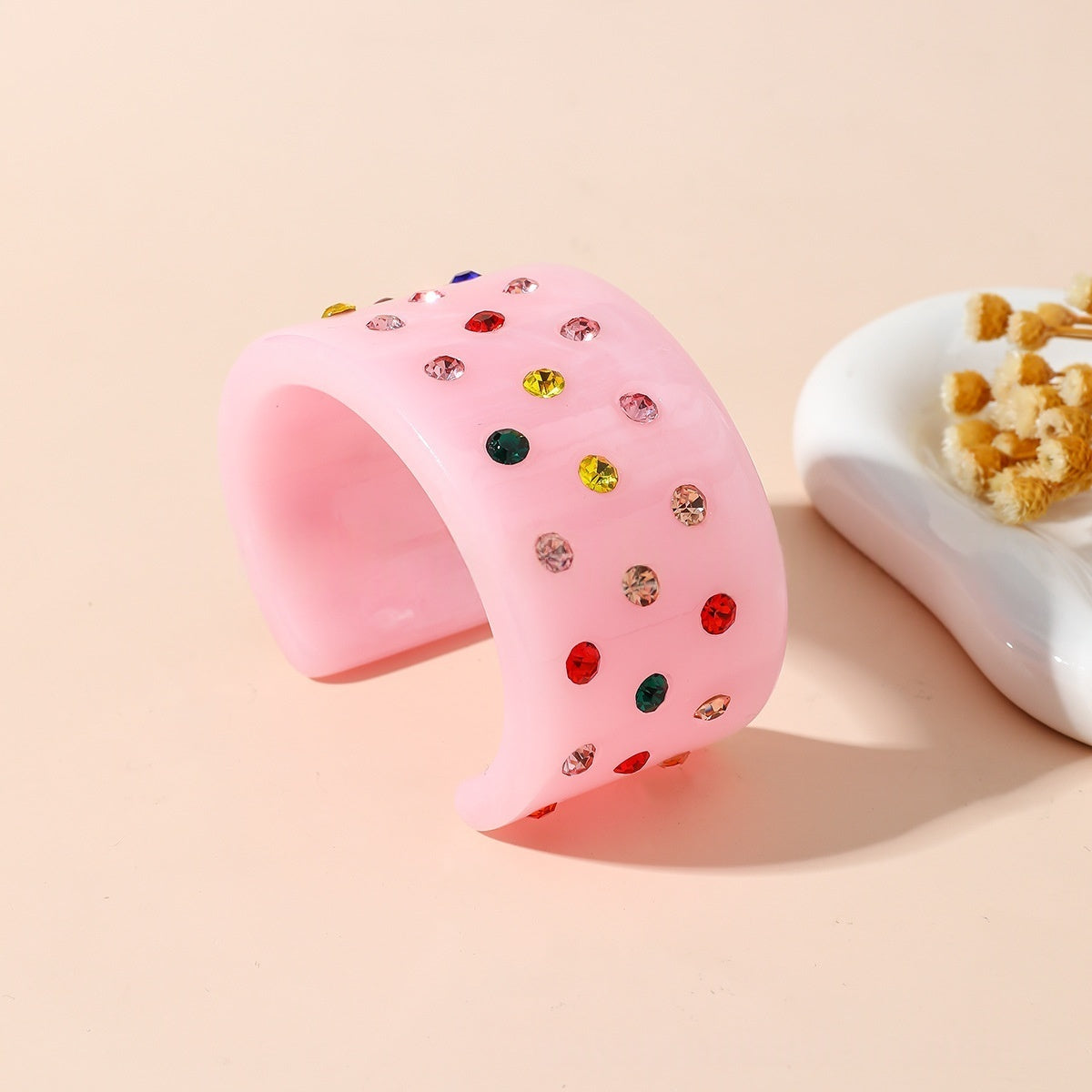 Crystal Inlaid Resin Cuff Bracelet Wide Bangle Summer Accessory