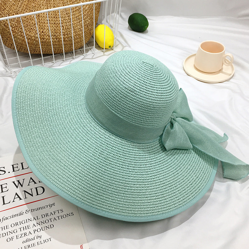 Wide Brim Straw Sun Hat with Chiffon Bow Floppy Beach Cap for Women